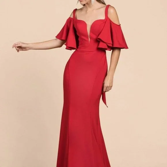 NEW LONG OFF THE SHOULDER TRUMPET DRESS WITH FLARED SLEEVES & DEEP SLIT CD A0079 - Picture 6 of 6